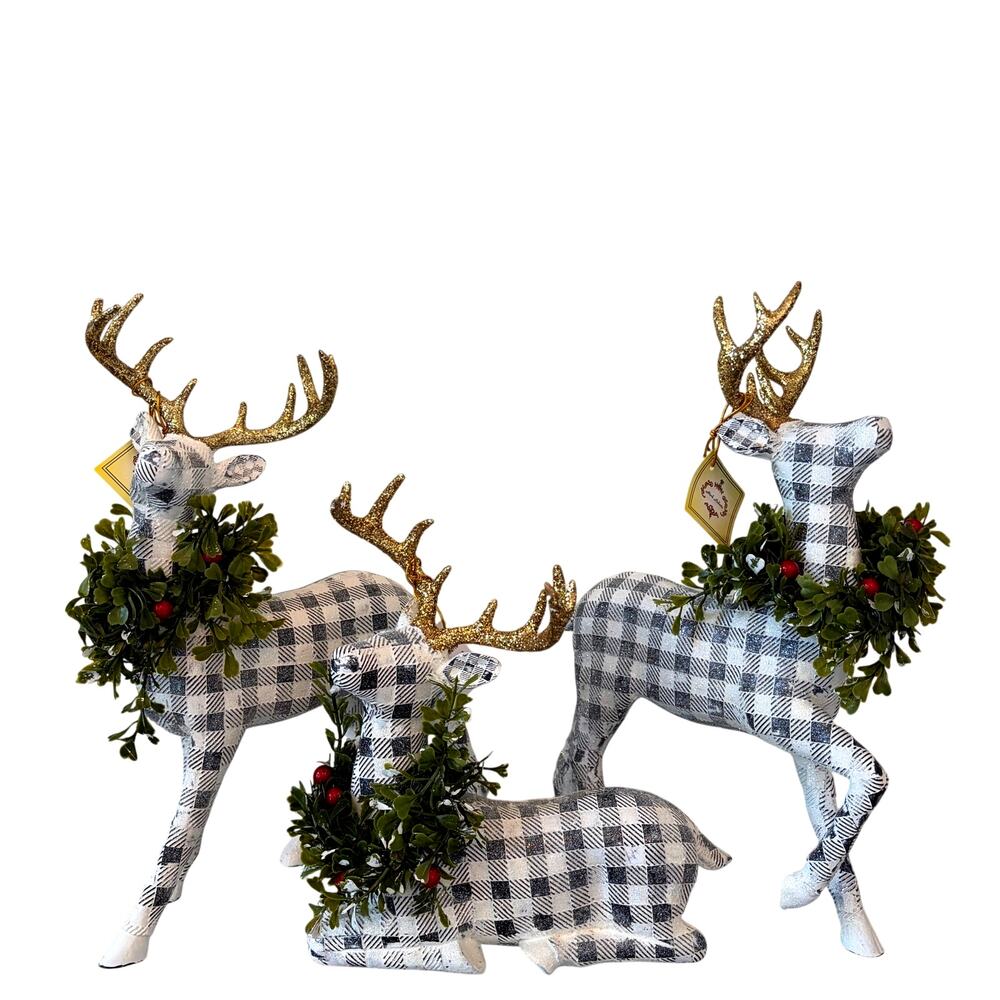 Mark Roberts Plaid Christmas Reindeer Gold Antlers 3pc 13in Holiday Decor NEW